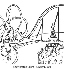 Amusement Park on a White Background. Black and white sketch. Roller Coaster on a White Background. Black and white image. Vector illustration with hand drawn roller coaster. Blank for your design. 