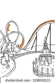 Amusement Park on White Background. Black and white sketch. Vector illustration with hand drawn roller coaster. Blank for your design, children's entertainment.