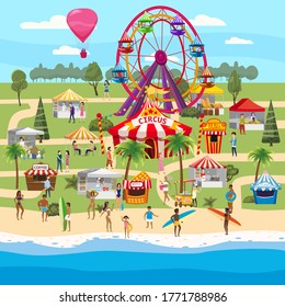 Amusement park outdoor coast sea ocean festival Curcus tent Ferris Wheel Tents Canopy fast food and drinks. Visitors spend their leisure time. Vector illustration isolated