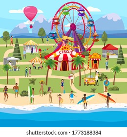 Amusement park outdoor coast sea ocean festival Curcus tent Ferris Wheel Tents Canopy. Visitors spend their leisure time