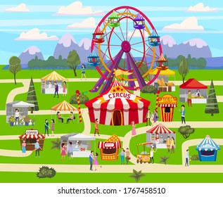 Amusement park outdoor festival Curcus tent Ferris Wheel Tents Canopy fast food and drinks. Visitors men and women spend their leisure time. Vector illustration isolated