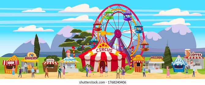 Amusement park outdoor festival Curcus tent Ferris Wheel Tents Canopy fast food and drinks. Visitors men and women spend their leisure time. Vector illustration isolated