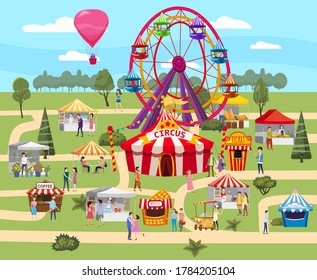 Amusement park outdoor festival Curcus tent Ferris Wheel Tents Canopy fast food and drinks. Visitors men and women spend their leisure time. Vector illustration isolated