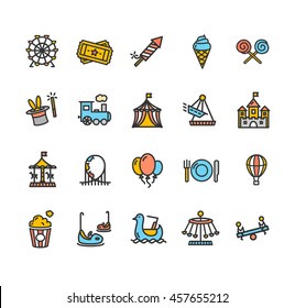 Amusement Park Outline Colorful Icon Set Isolated on White Background. Vector illustration