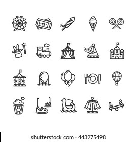 Amusement Park Outline Icon Set Isolated On White Background. Vector Illustration