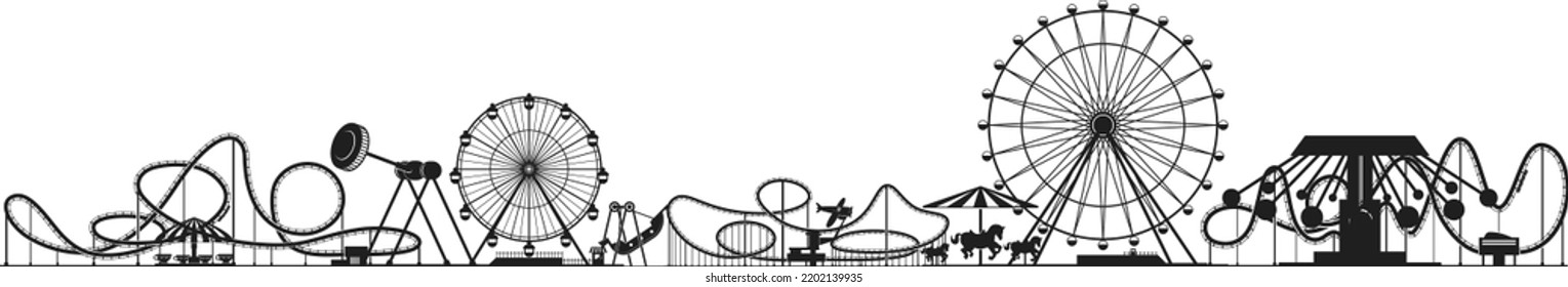 Amusement park panorama. Black line attraction icons - Shutterstock ID 2202139935