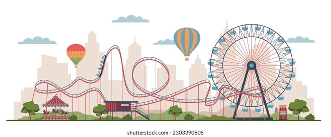 Vistas al parque de atracciones. Caricatura de estilo plano, montaña de rodillos aislada, rueda de ferris, varios carruseles y atracciones extremas. Fondo de ciudad, paisaje de verano, concepto vectorial actual