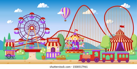 Amusement park panoramic landscape, roller coaster, colorful carousel with horses, ferris wheel, carnival tent or circus, vector illustration