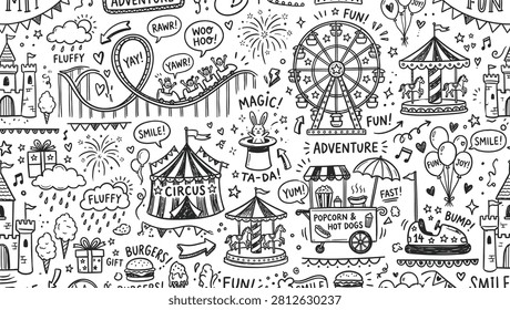 Amusement Park Pattern and Circus Doodle Design in Seamless Carnival Wallpaper Style with Rollercoaster, Carousel, and Festival Snacks Sketches