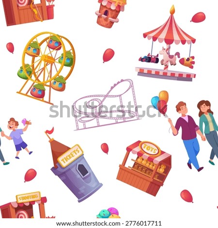 Amusement park pattern. seamless background with happy people in amusement entertainment park