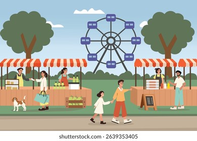 Amusement park. People recreation. People holiday. Summer holiday. City park event. Street food. Sunny day. Food fair.