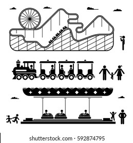 Amusement park pictogram icons set. Amusement parks for children and family. Roller coaster and adrenaline rides. Fun and entertainment outdoors.