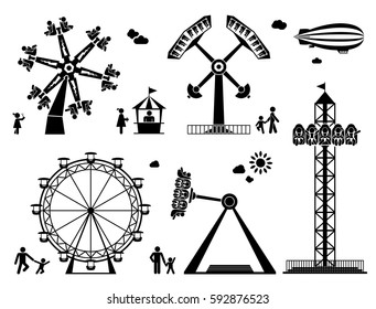 Amusement park pictogram set. Fun and entertainment outdoors. Roller coaster and adrenaline rides.