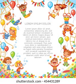 Amusement park. Playground. Children have fun on the rides. Template for advertising brochure. Ready for your message. Children look up with interest. Funny cartoon character. Vector illustration