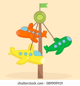 Amusement Park and Playground Icon in Cartoon Style. Carousel with Colorful Airplanes. Theme park amusement airplane swing ride.  Vector illustration.