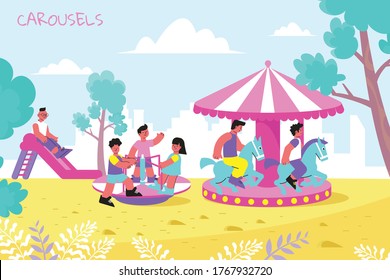 Amusement park playground slide flying horses kids carousel rides with playing children cityscape background flat vector illustration 
