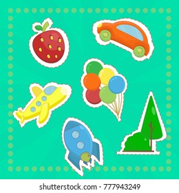 Amusement Park and Playground Stickers in Cartoon Style. Cute patch badges with strawberry, balloons, toy car, rocket spaceship and funny airplane. Vector illustration.
