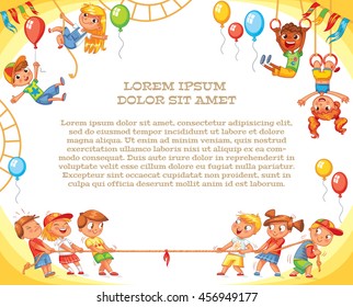 Amusement park. Playground. Template for advertising brochure. Ready for your message. Children pull the rope. Kids playing tug of war. Lorem ipsum. Funny cartoon character. Vector illustration