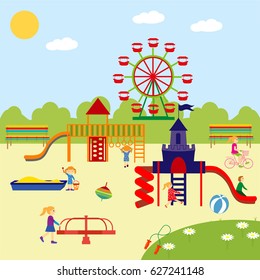 Amusement Park  and playground vector illustration.Children play in the playground.