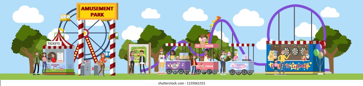 Amusement park with pop corn, ice cream and carousels. Park entrance. Children and their parents have fun in the park and play darts. Urban summer landscape. Flat vector illustration