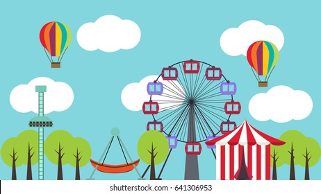 Amusement park poster background. Entertainment park advertising poster with banner. with attraction free fall, car, ferris wheel, balloon, tree, tent