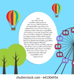 Amusement park poster background. Entertainment park advertising poster with banner. with attraction free fall, car, ferris wheel, balloon, tree, tent