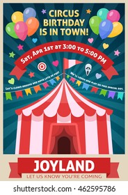 Amusement park poster with circus tent garland of flags red ribbons on blue rays background vector illustration