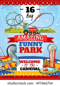 Amusement park poster with dynamometer striker and carousel icons and welcome to carnival invitation with date flat vector illustration