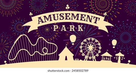 Amusement park poster with firework on night sky. Carnival funfair circus, carousels, roller coaster, attractions on fireworks sparkles rays backdrop. Fun fair festival advertising horizontal banner