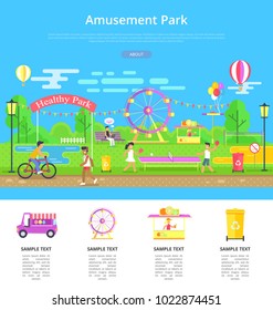 Amusement park poster with text sample and people doing different activities, playing tennis, and riding bicycle, isolated on vector illustration