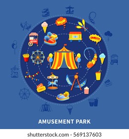 Amusement park presentation layout with big top attractions and food abstract isolated vector illustration