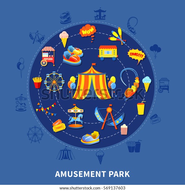 Amusement park presentation
layout with big top attractions and food abstract isolated vector
illustration