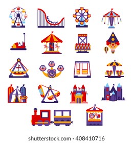 Amusement Park  Primitive Colorful Style Flat Isolated Vector Icons Set On White Backgroun