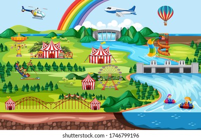 Amusement park with rainbow and plane and helicopter theme landscape illustration