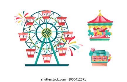 Amusement Park with Ride Attractions for Entertainment Vector Set