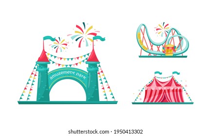 Amusement Park with Ride Attractions for Entertainment Vector Set