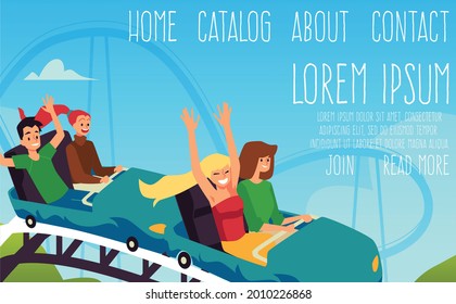 Amusement park rides and attractions web banner template, flat vector illustration. Landing page interface design for leisure and recreation park activity.
