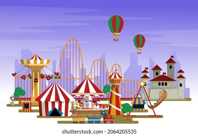 Amusement Park Rides Fun Fair Carnival Flat Vector Illustration