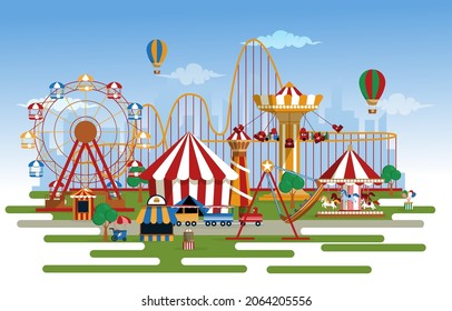 Amusement Park Rides Fun Fair Carnival Flat Vector Illustration