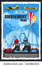 Amusement Park Rides And Funfair Carnival Attractions, Vector Poster. Kites Show And Karting Rides, Rollercoaster And Ferris Wheel For Kids And Adults, Amusement Park Banner On Airplane In Sky