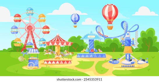 Parque de atracciones con atracciones y globos aerostáticos en un paisaje vibrante. Ilustración vectorial