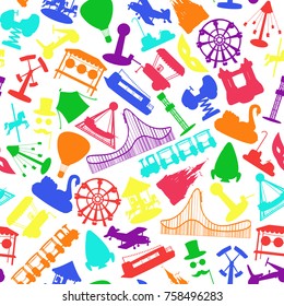Amusement park rides seamless pattern on white background. Vector illustration.
