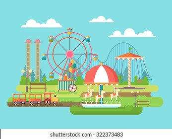 Amusement park. Riding on the carousel, family holidays. Flat vector illustration