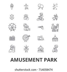 Amusement park, roller coaster, carousel, carnival, entertainment, childhood line icons. Editable strokes. Flat design vector illustration symbol concept. Linear isolated signs