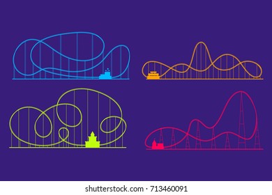 Amusement Park Roller Coaster Color Silhouettes Set Symbol Fun Leisure and Recreation. Vector illustration