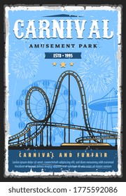 Amusement park roller coaster rides, funfair carnival and attractions, vector vintage retro poster. Family amusement park roller coaster mountain rides, Ferris wheel and carousels and fireworks