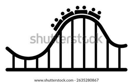 Amusement park roller coaster vector icon. Thrill ride, theme park, fun, excitement, vacation, or family entertainment symbol. Black silhouette isolated on white background.