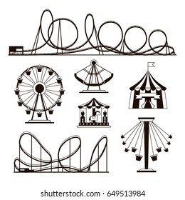 Amusement park  roller coasters   carousel vector icons