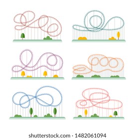 Amusement park rollercoaster ride set - colorful cartoon roller coaster rail tracks isolated on white background - flat vector illustration collection