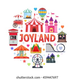 Amusement park round design with attractions ticket booth circus tent street food on white background vector illustration